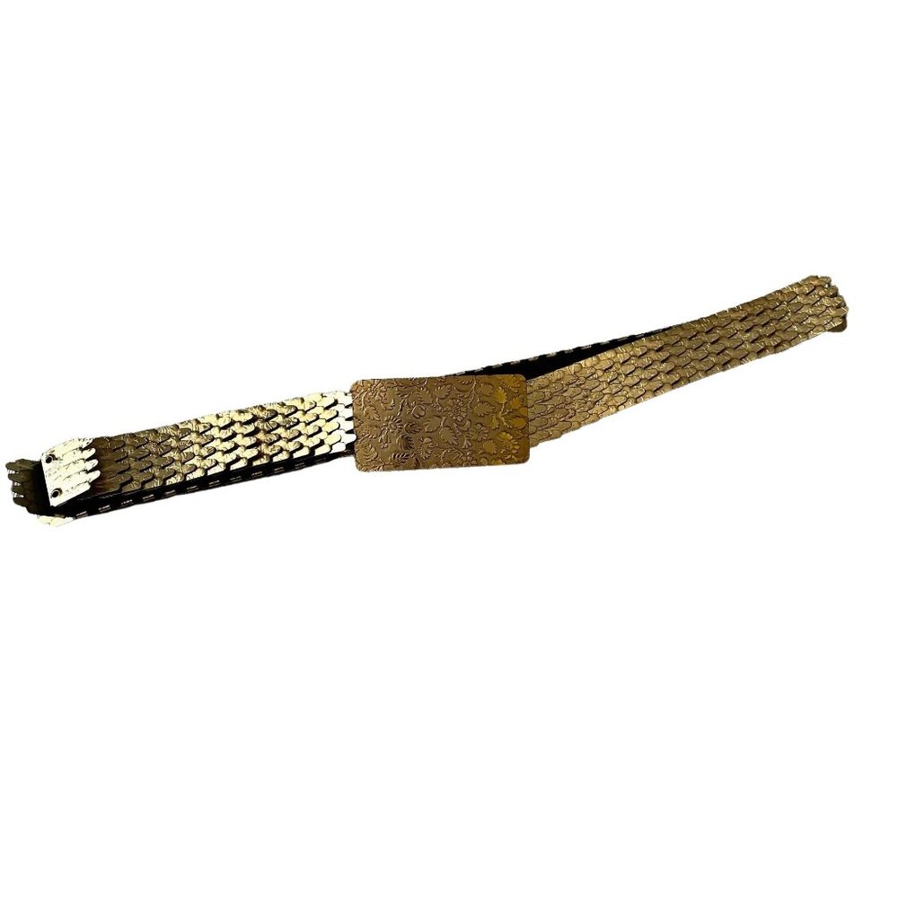 Vintage Gold Floral Embossed Metal Elastic Glam Feminine Hollywood Regency Belt